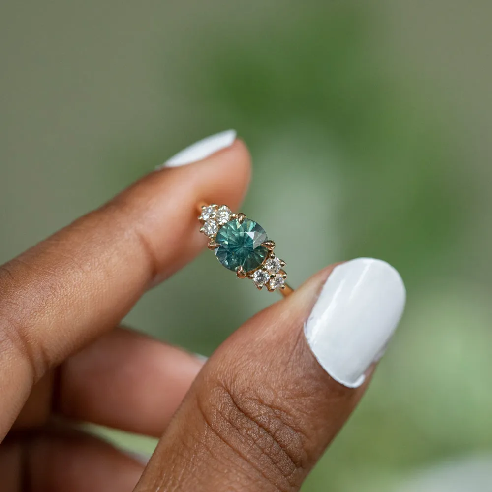 2.27ct Round Teal Madagascar Sapphire and Diamond Cluster Ring in 14k Yellow Gold
