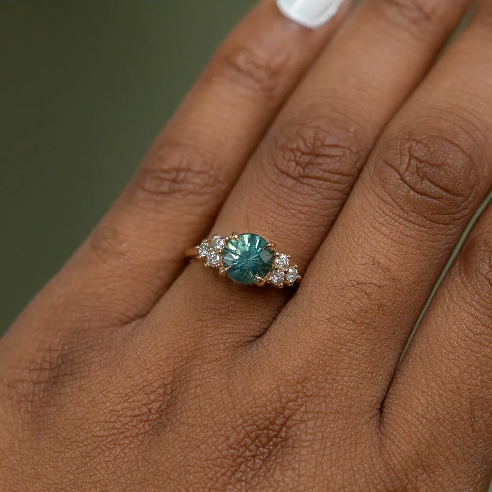 2.27ct Round Teal Madagascar Sapphire and Diamond Cluster Ring in 14k Yellow Gold