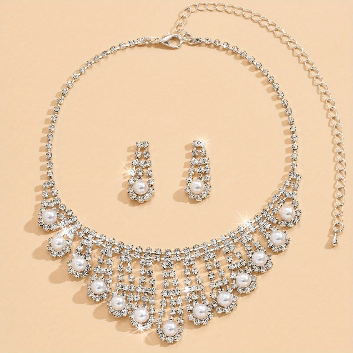 3pcs Earrings Plus Necklace Elegant Jewelry Set Silver Plated Inlaid Rhinestone Classic Engagement Wedding Jewelry For Bride Evening Party Cocktail Party Decor