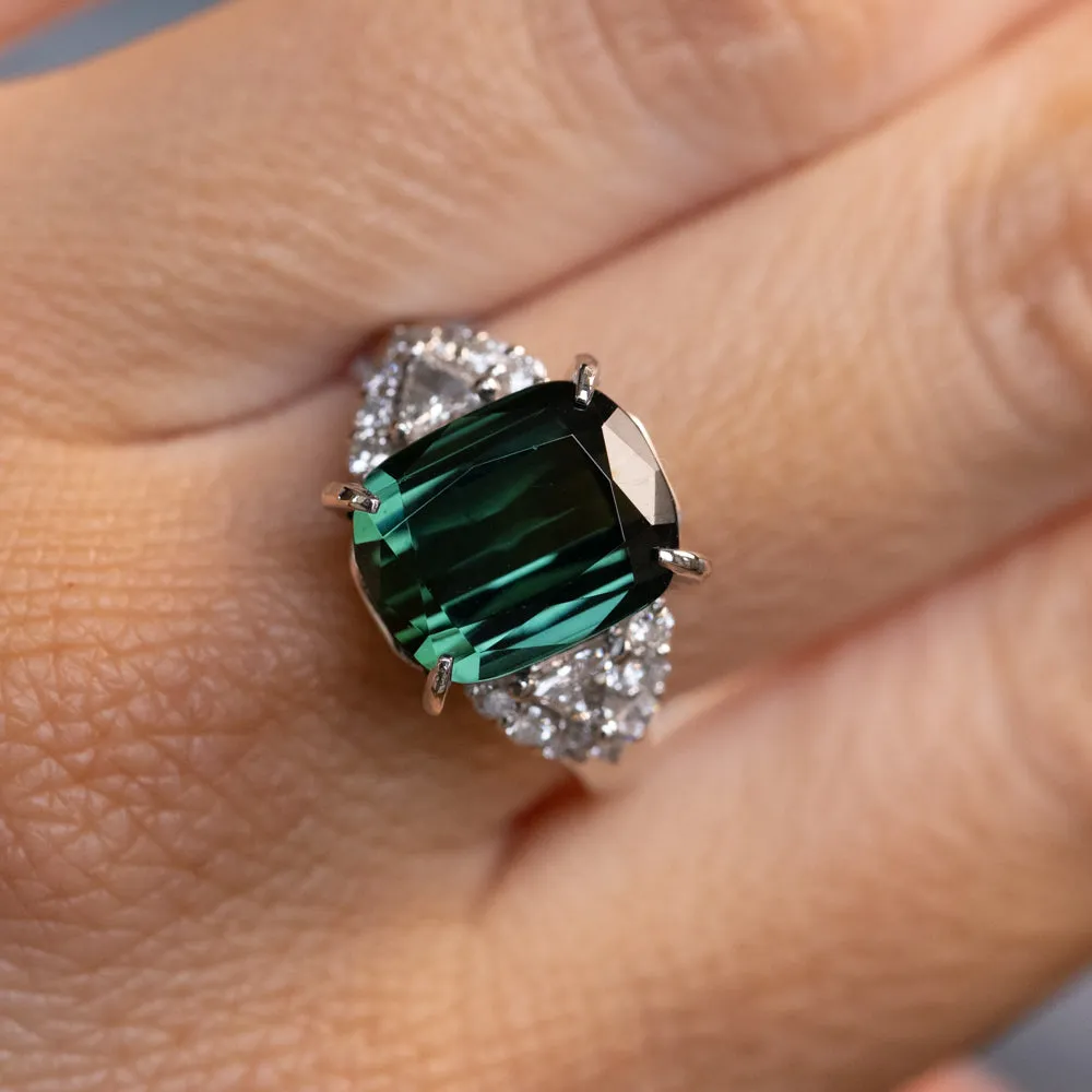 6.16ct Scissor Cushion Tourmaline and Diamond Cluster Side Stones Ring in Platinum