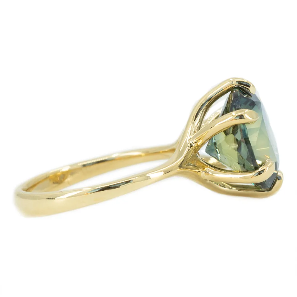 6.84ct GIA Round Montana Sapphire Six Prong Split Shank Solitaire in 18k Yellow Gold