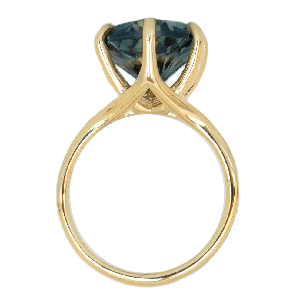 6.84ct GIA Round Montana Sapphire Six Prong Split Shank Solitaire in 18k Yellow Gold