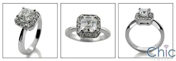 .75 Carat Asscher Cut Pave Halo Cubic Zirconia Engagement Ring 14k White Gold