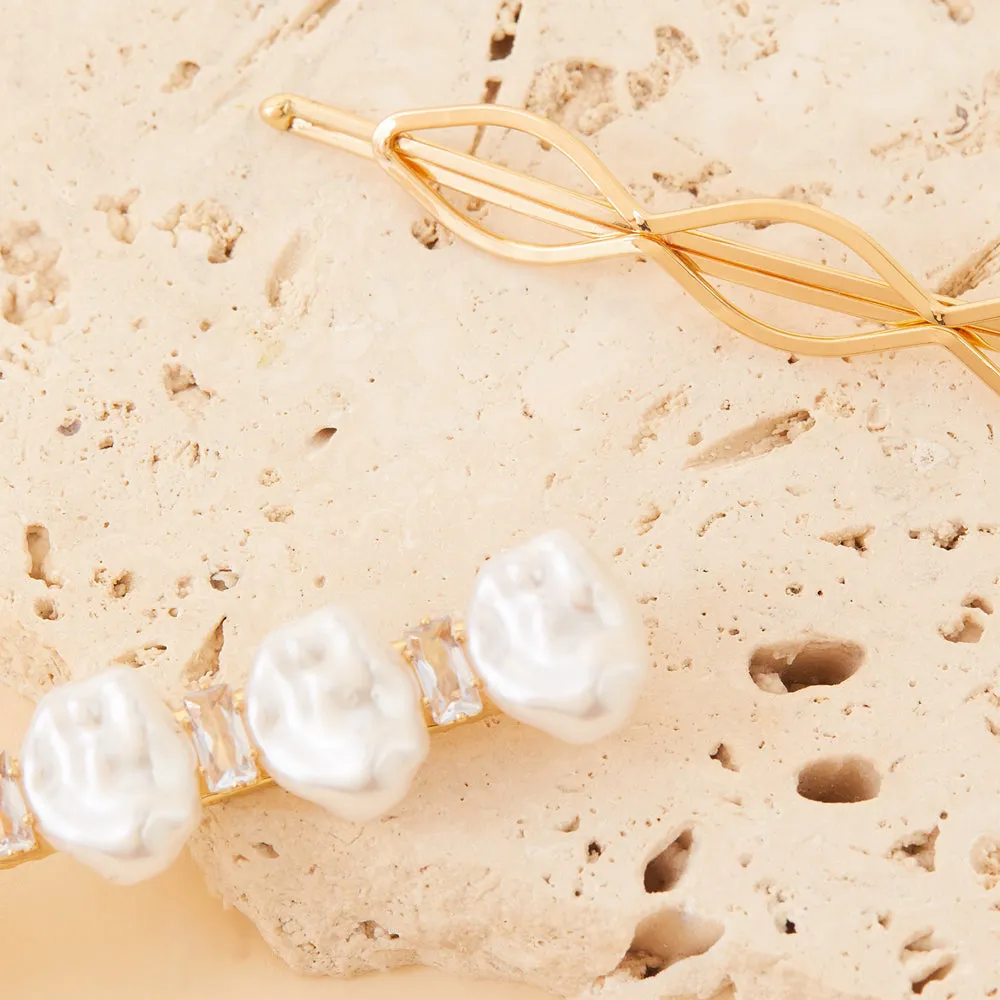 Accessorize London Women's Gold Mixed pearl hair slides set of  2