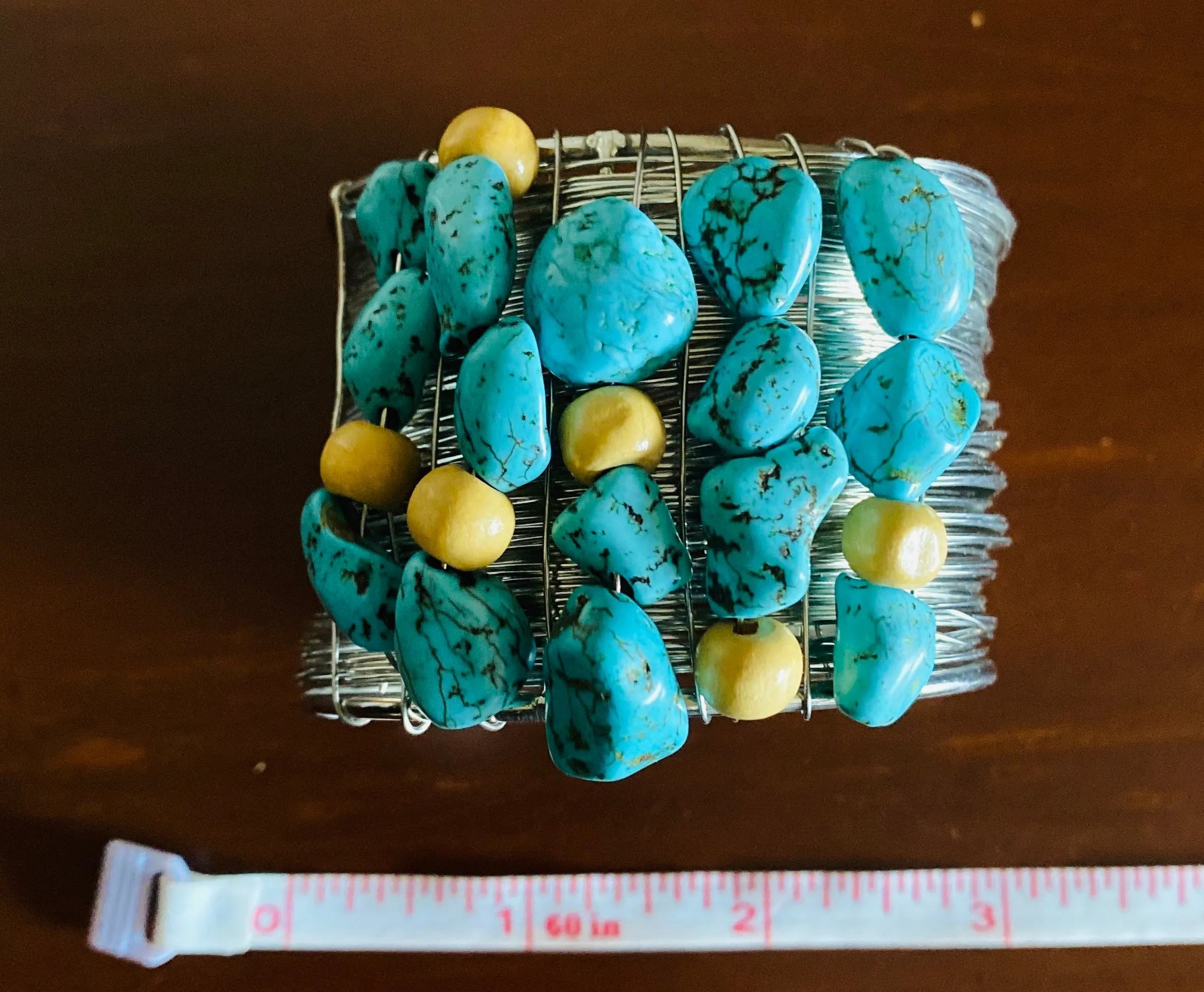 Artisan Blue Silver Tone FauxTurquoise Stone Beaded Wide Cuff Fashion Bracelet