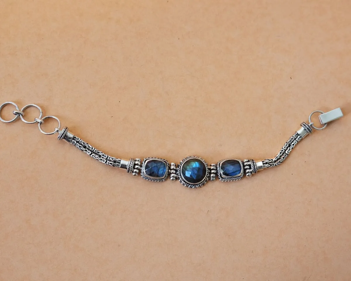 Bali Silver Bracelet for Women with Faceted Labradorite, February Birthstone, Handmade Jewelry, Gift