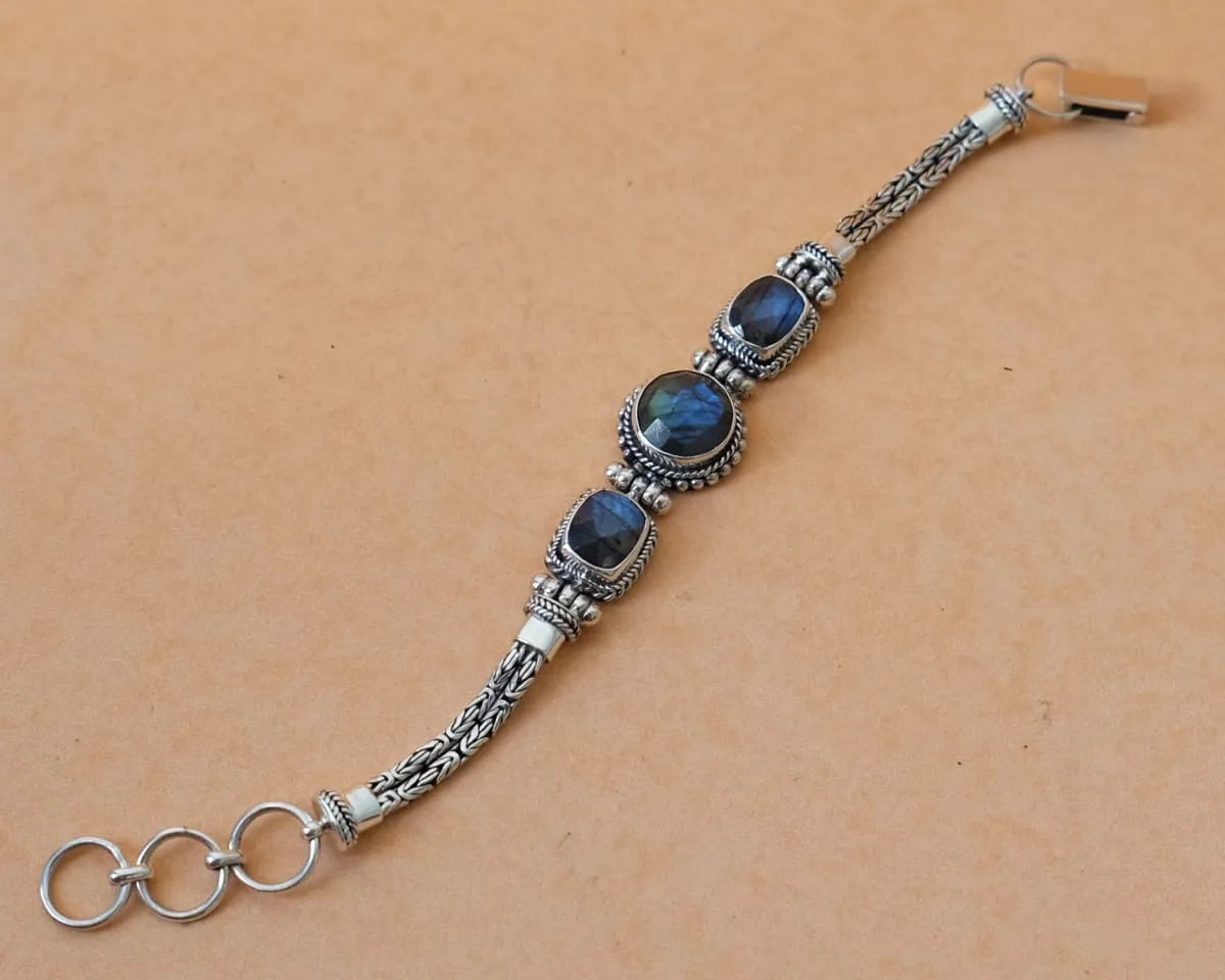 Bali Silver Bracelet for Women with Faceted Labradorite, February Birthstone, Handmade Jewelry, Gift