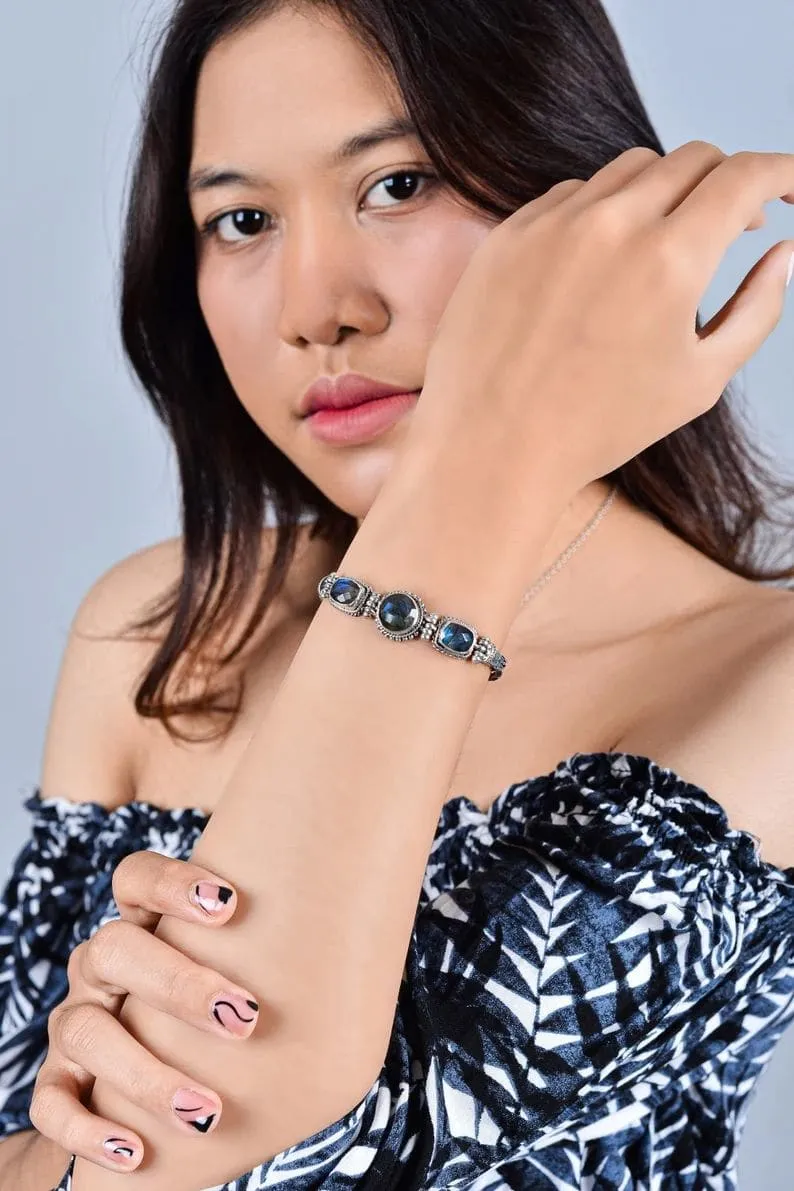 Bali Silver Bracelet for Women with Faceted Labradorite, February Birthstone, Handmade Jewelry, Gift