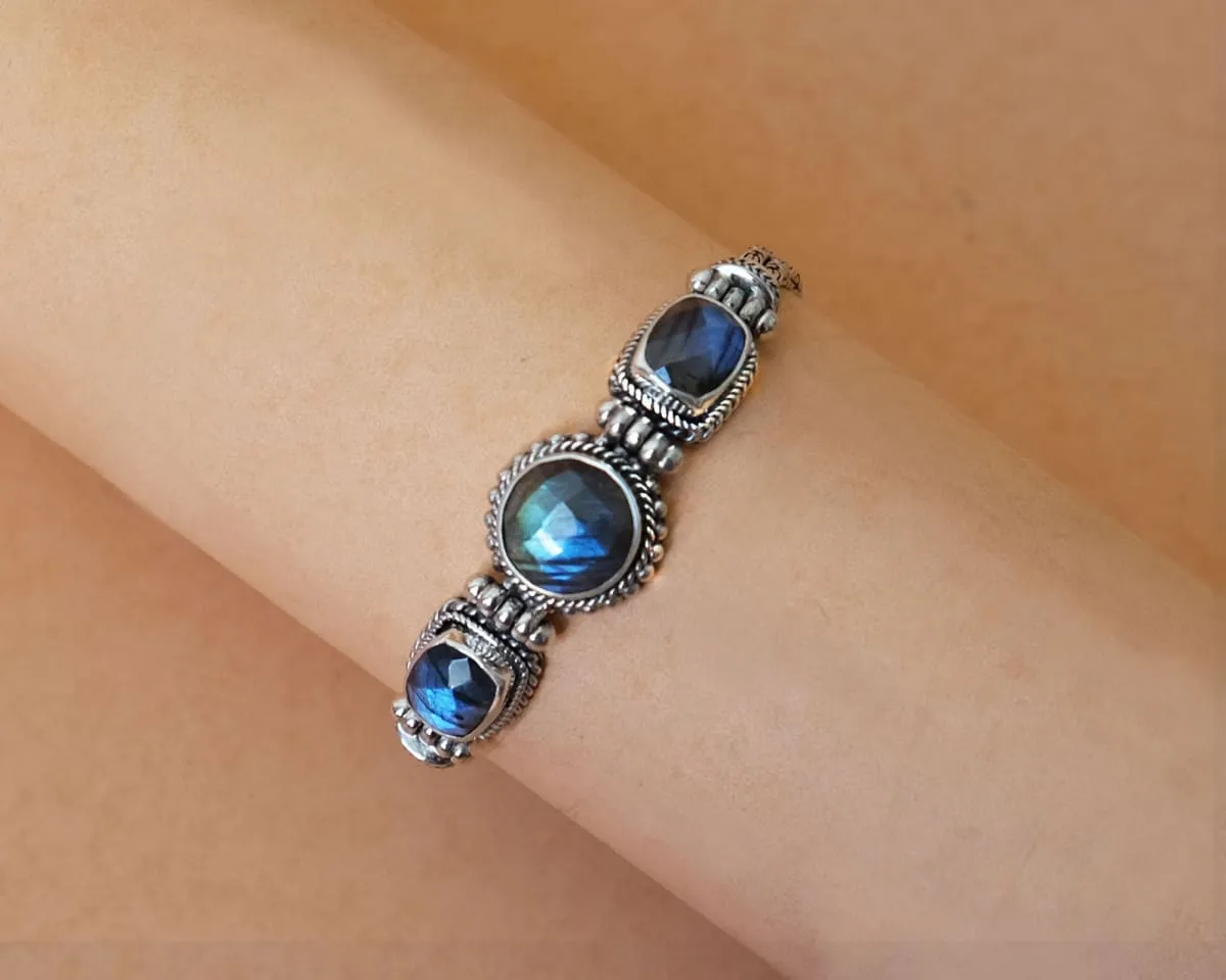 Bali Silver Bracelet for Women with Faceted Labradorite, February Birthstone, Handmade Jewelry, Gift