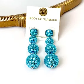 Cushion Crystal Post Disco Ball Dangle Earrings in Turquoise Blue