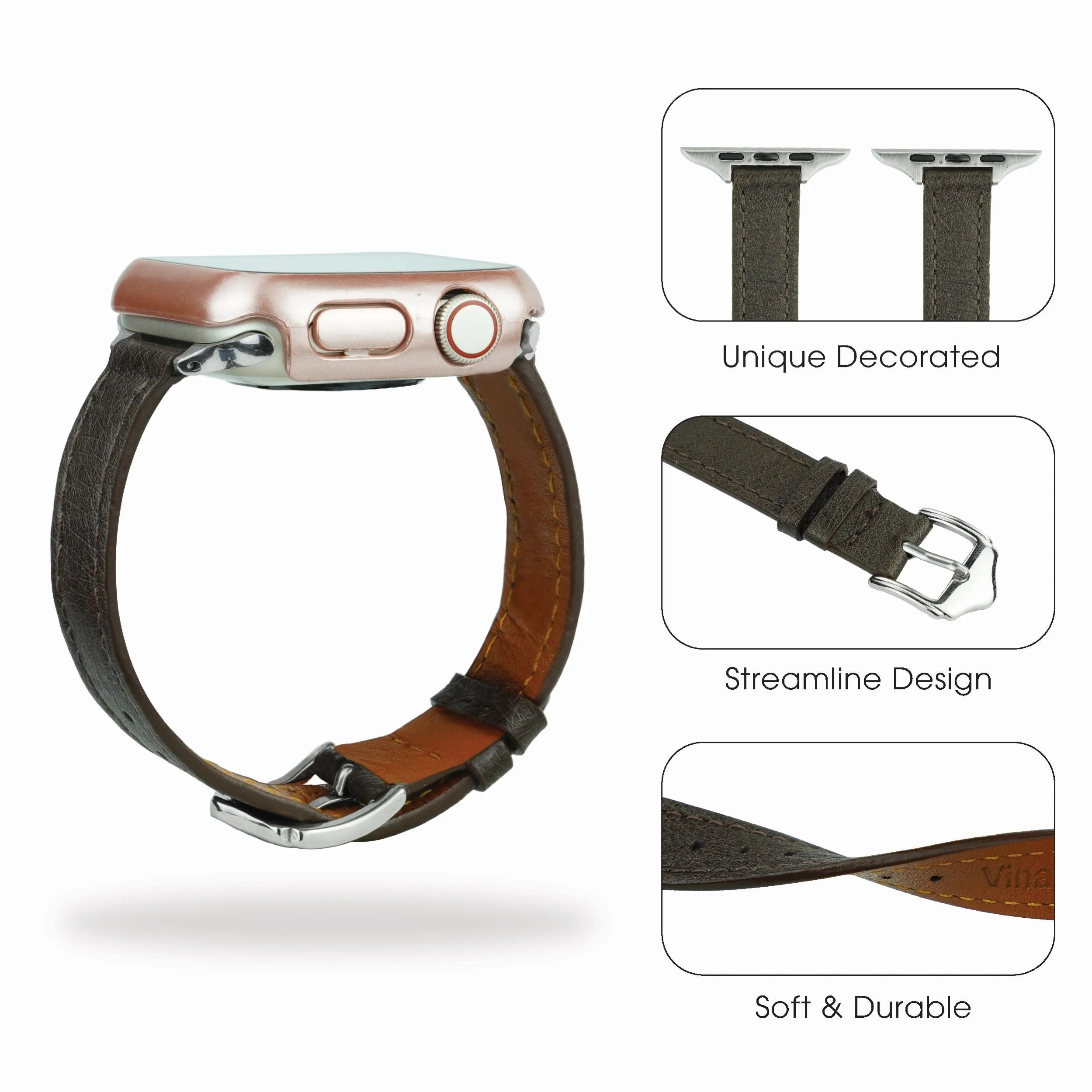 Dark Brown Flat Ostrich Leather Band Compatible Apple Watch Iwatch 41mm Screen Protector Case Silver Adapter Replacement Strap For Smartwatch Series 7 8 Leather Handmade AW-183S-W-41MM