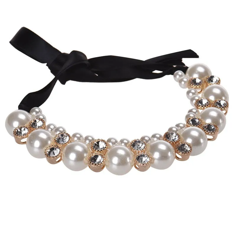 Diomedes Women Double Row Adjustable Band Ribbon Beads Rhinestone Necklace Imitation Pearl Chokers Necklaces Gift