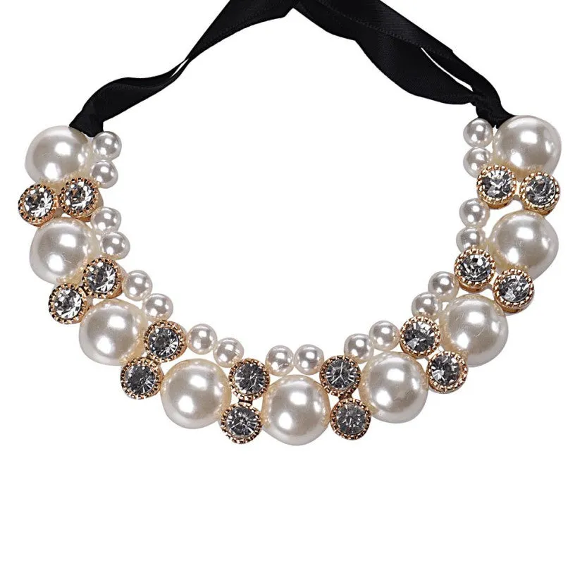 Diomedes Women Double Row Adjustable Band Ribbon Beads Rhinestone Necklace Imitation Pearl Chokers Necklaces Gift