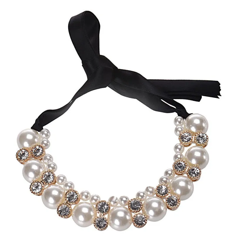Diomedes Women Double Row Adjustable Band Ribbon Beads Rhinestone Necklace Imitation Pearl Chokers Necklaces Gift