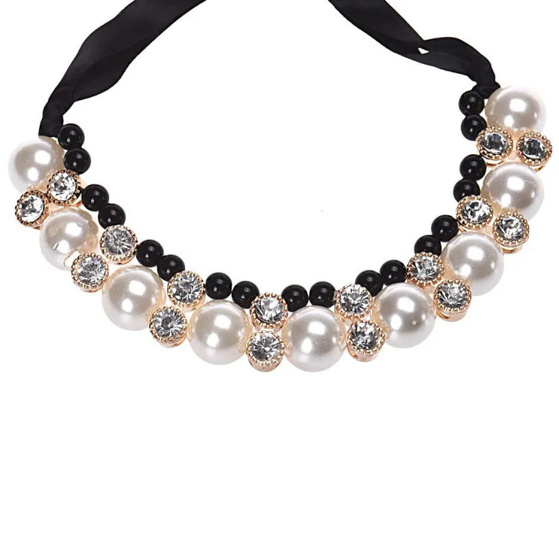 Diomedes Women Double Row Adjustable Band Ribbon Beads Rhinestone Necklace Imitation Pearl Chokers Necklaces Gift