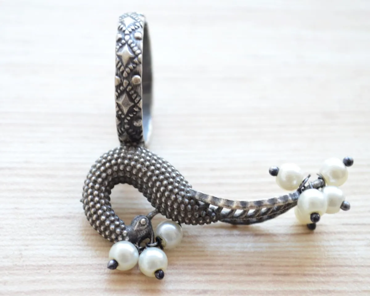 German silver Indian Cocktail Ring, statement long finger ring, bollywood party wear jewellery, romantic gift, vintage Peacock Jewelry