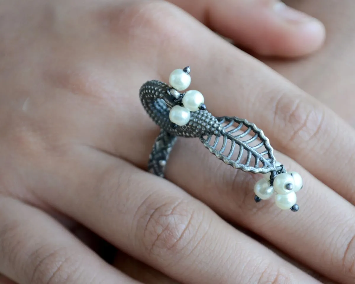 German silver Indian Cocktail Ring, statement long finger ring, bollywood party wear jewellery, romantic gift, vintage Peacock Jewelry
