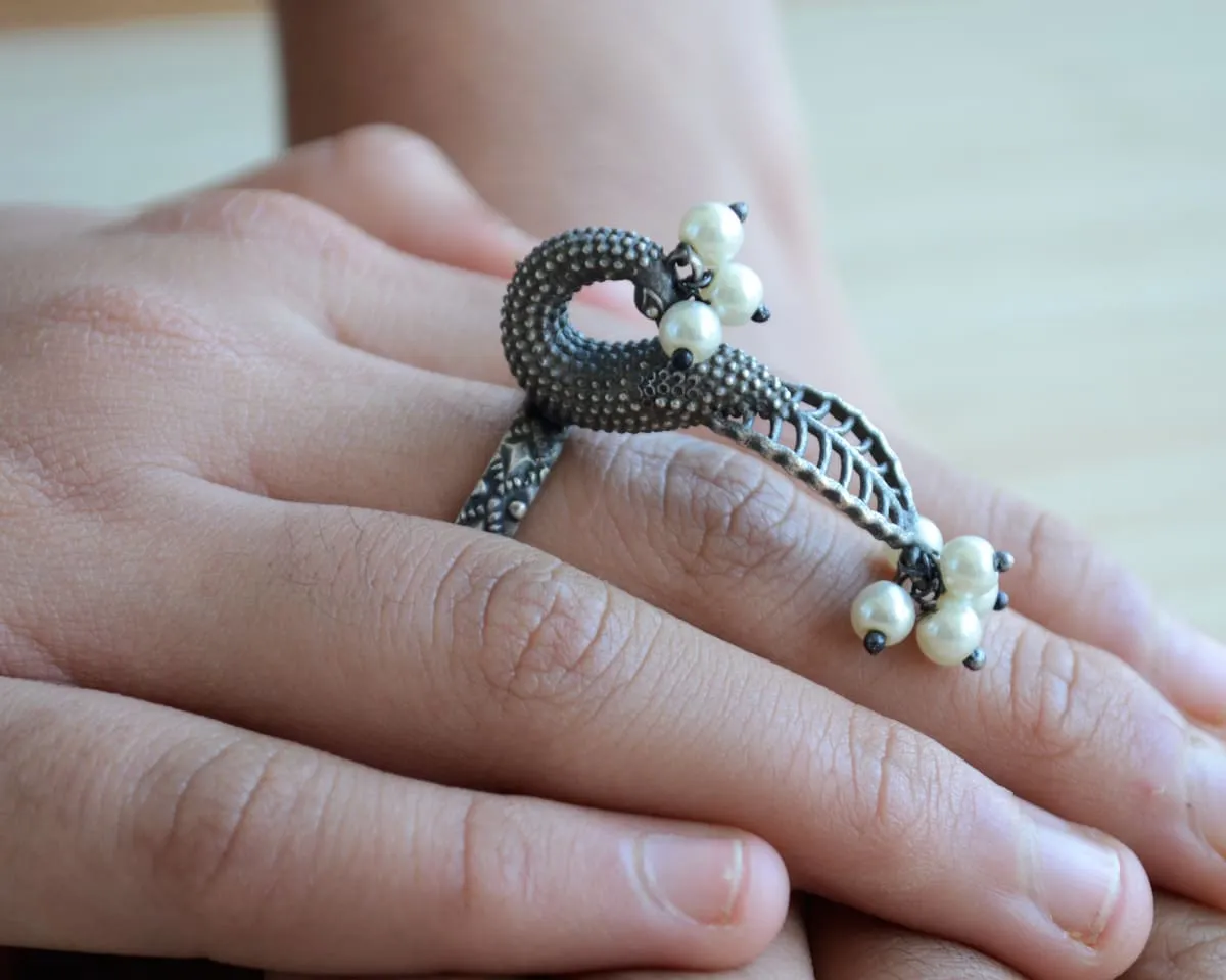 German silver Indian Cocktail Ring, statement long finger ring, bollywood party wear jewellery, romantic gift, vintage Peacock Jewelry