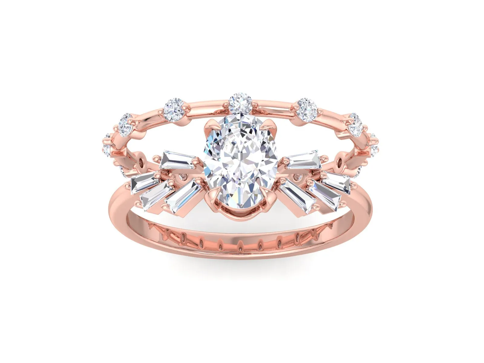 Oval Moissanite engagement ring set vintage Unique rose gold engagement ring woman Baguette Diamond Cluster Bridal set