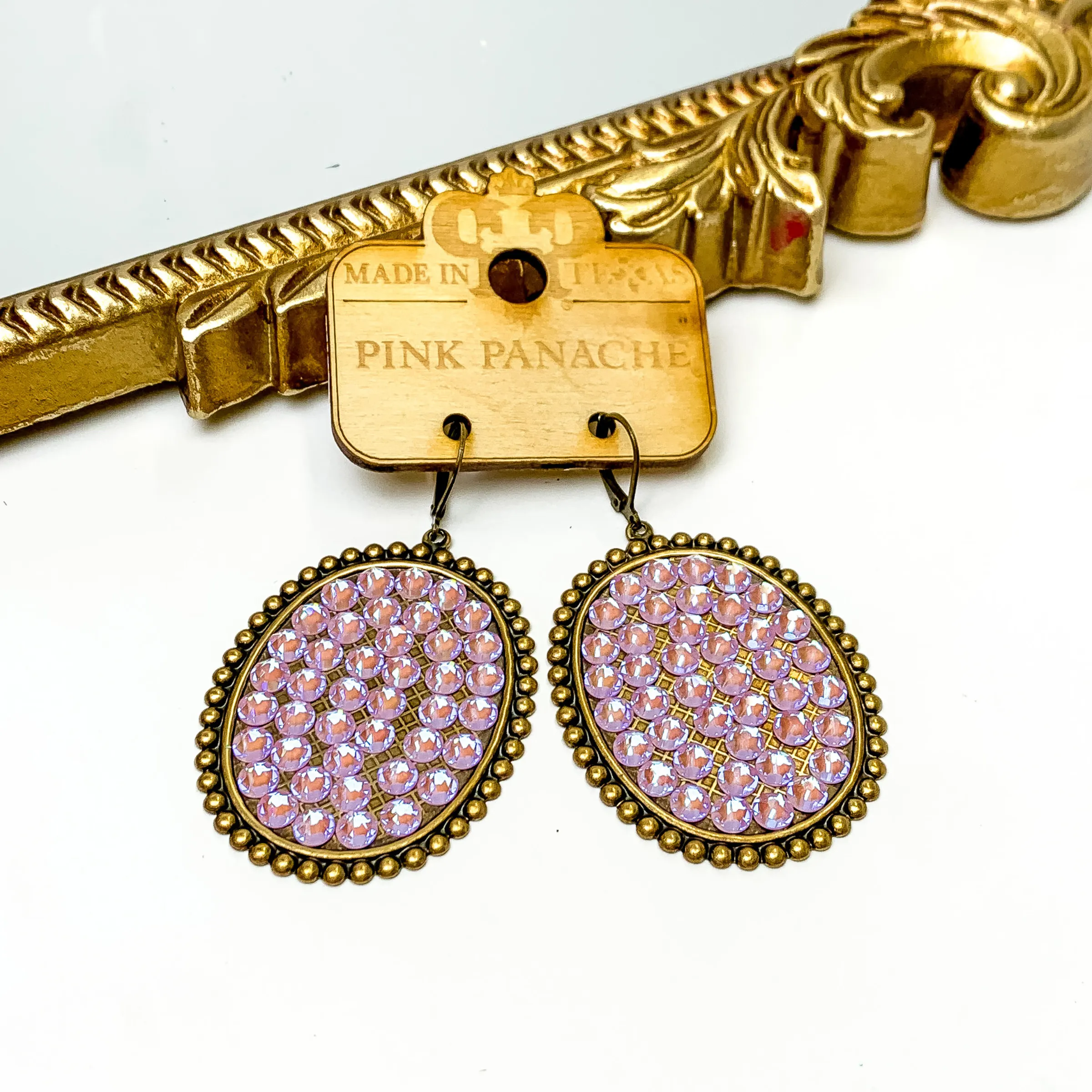 Pink Panache | Bronze Tone Oval Earrings with Lavender Crystals