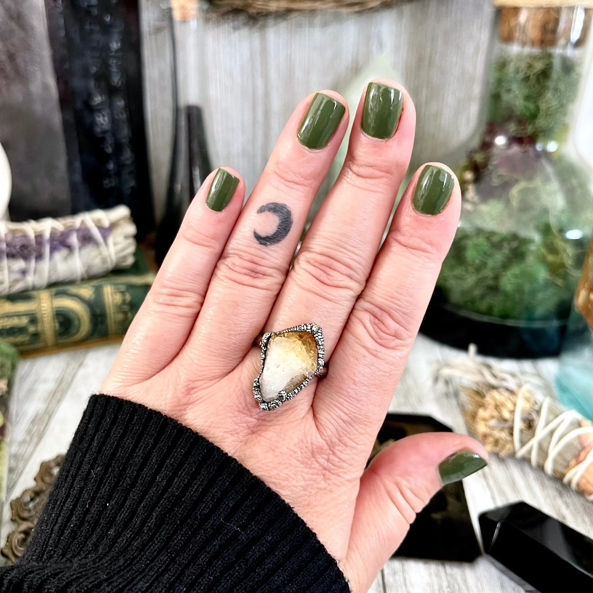 Size 8.5 Raw Citrine Crystal Point Ring Set in Fine Silver  / Foxlark Collection - One of a Kind