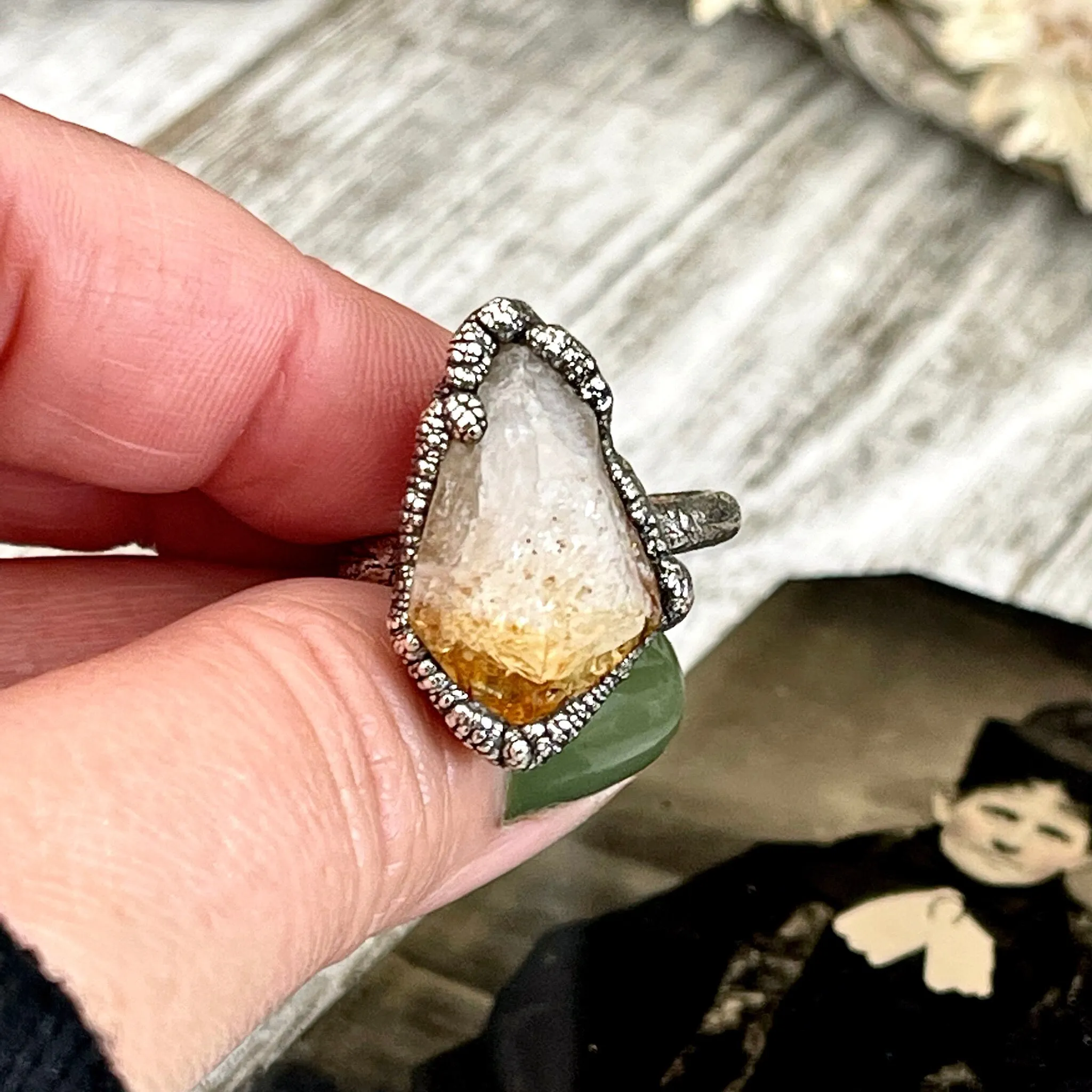 Size 8.5 Raw Citrine Crystal Point Ring Set in Fine Silver  / Foxlark Collection - One of a Kind