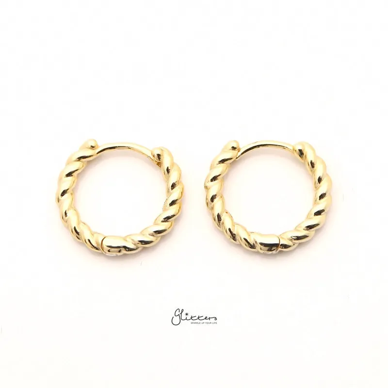 Sterling Silver Twist Rope One-Touch Huggie Hoop Earrings - Gold